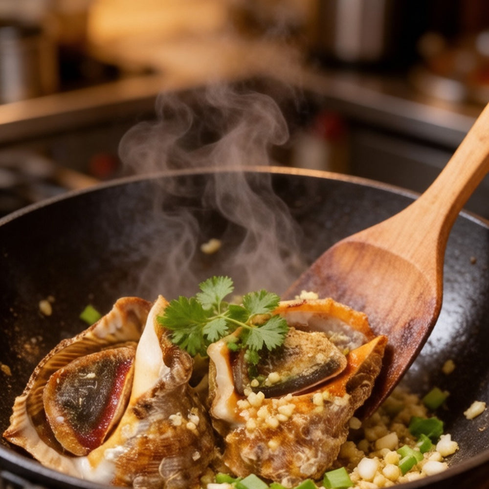 Garlic stir-fried conch meat in a hot wok