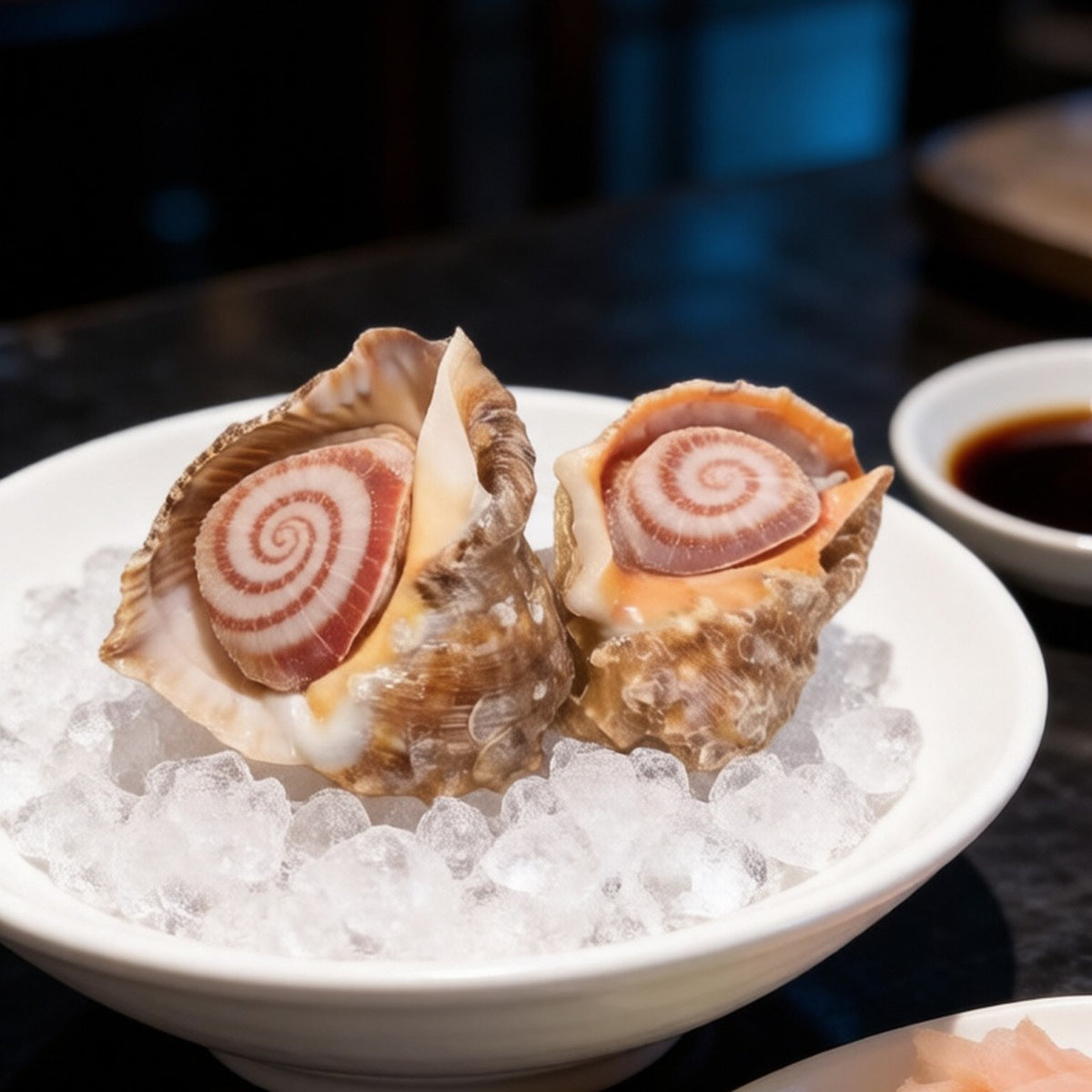 Butterflied conch slices arranged on crushed ice