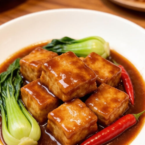Braised golden fish tofu cubes with bok choy in a clay dish