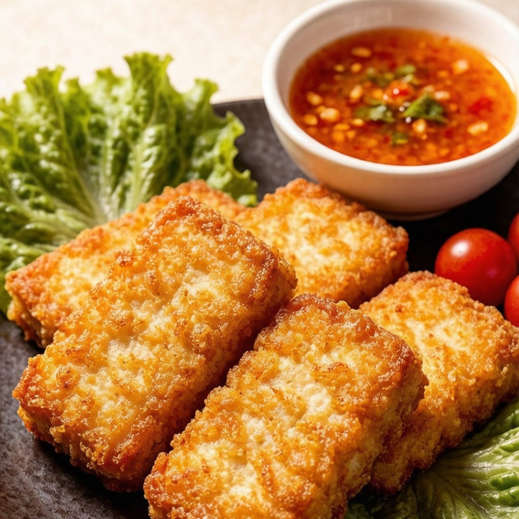 Fish tofu pieces floating in a bubbling hot pot broth
