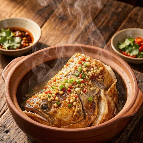 Steamed flatfish head covered in chopped chilli and scallion
