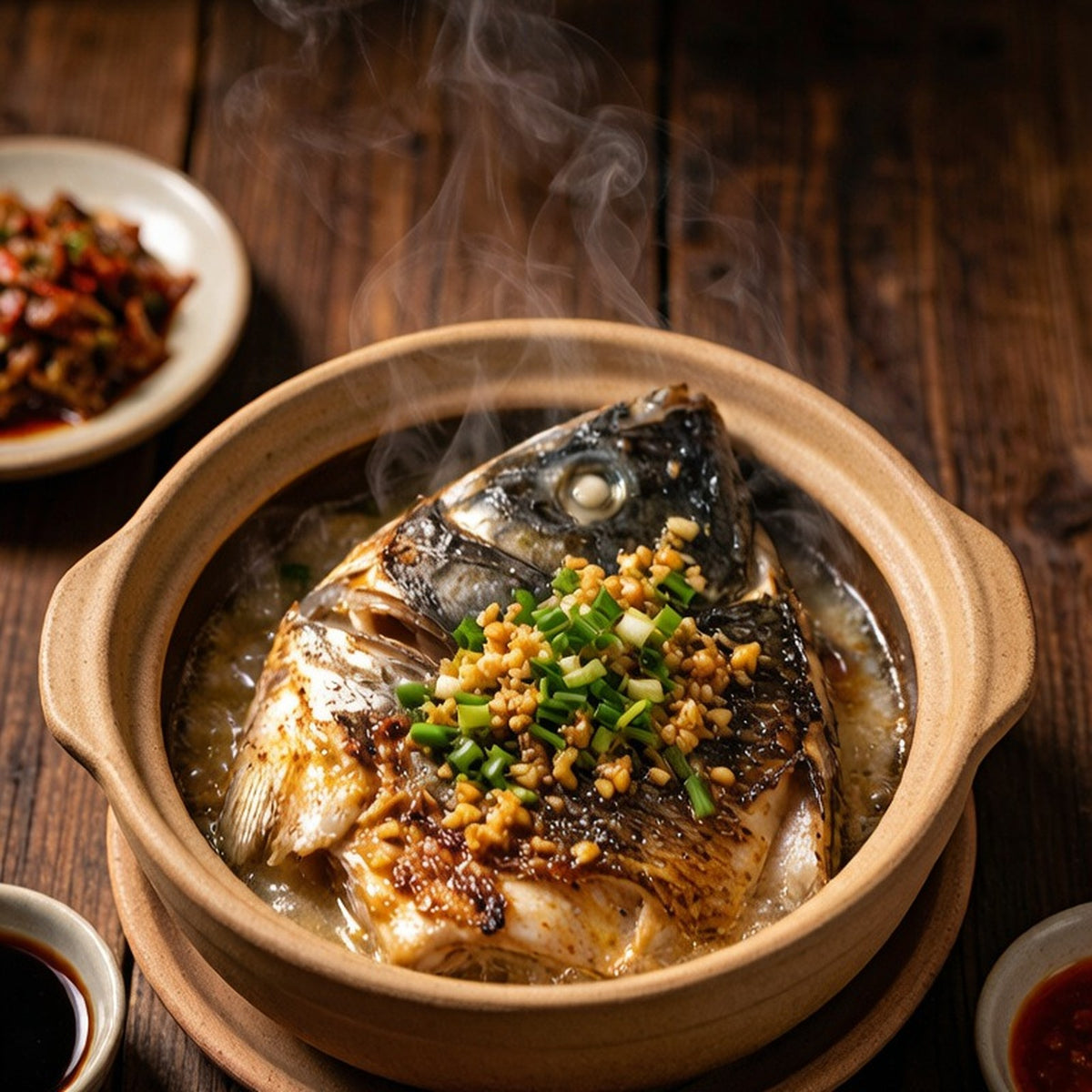 Clay pot of baked flatfish head with ginger and shallot