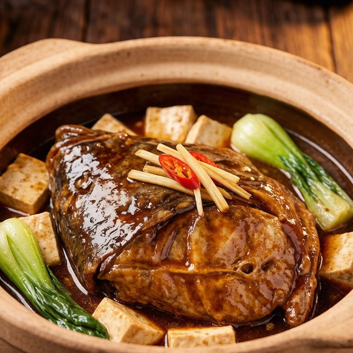 Braised flatfish head glazed in dark soy in a clay pot