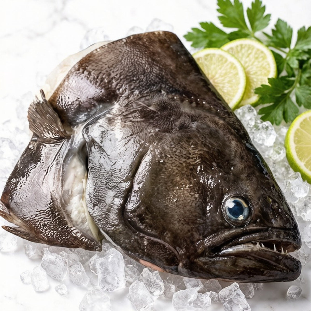 Whole flatfish head on crushed ice with lime and herbs