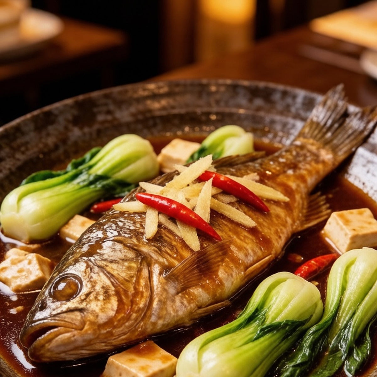 Braised whole sea bass with bok choy and chilli in a pan