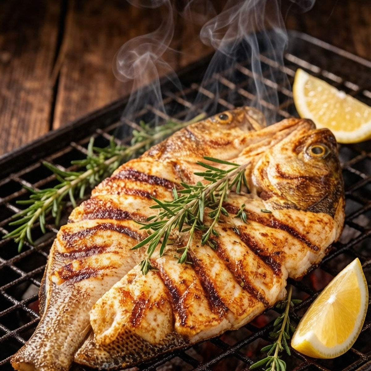Grilled sea bass fillet with charred skin and rosemary