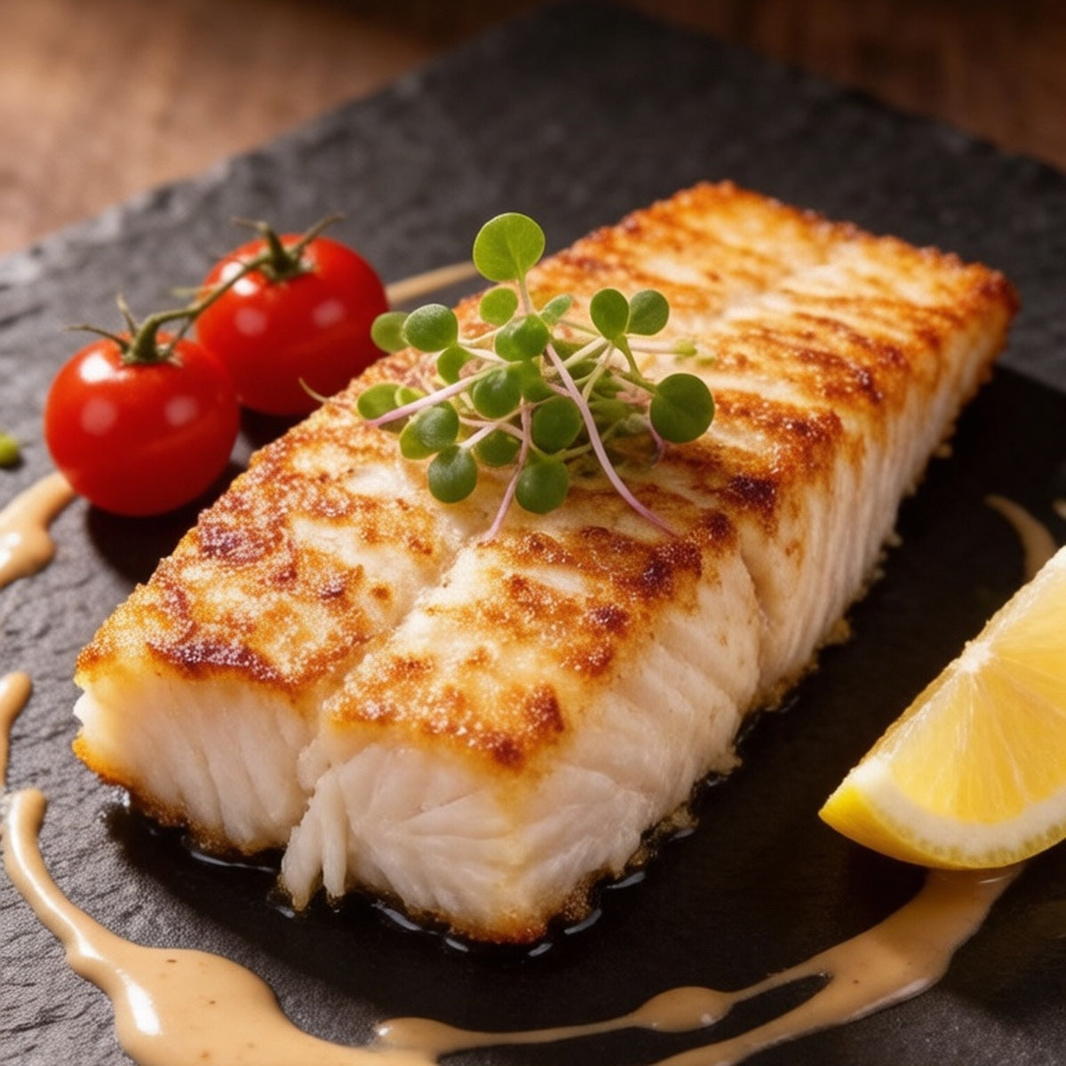 Pan-seared sea bass fillet with crisp golden skin