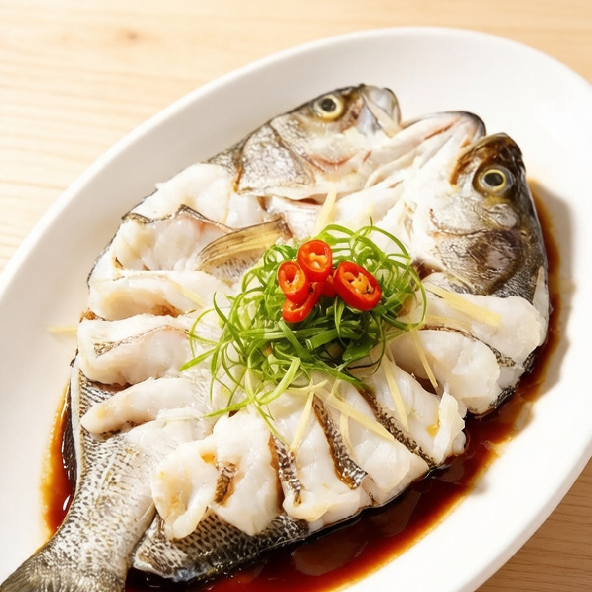 Whole prepped sea bass scored and steamed with soy and chilli