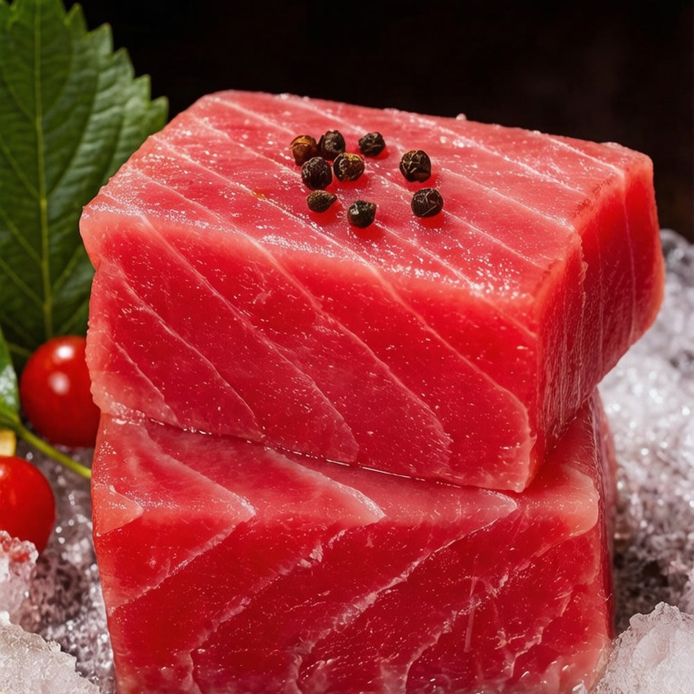 Deep red tuna block resting on crushed ice