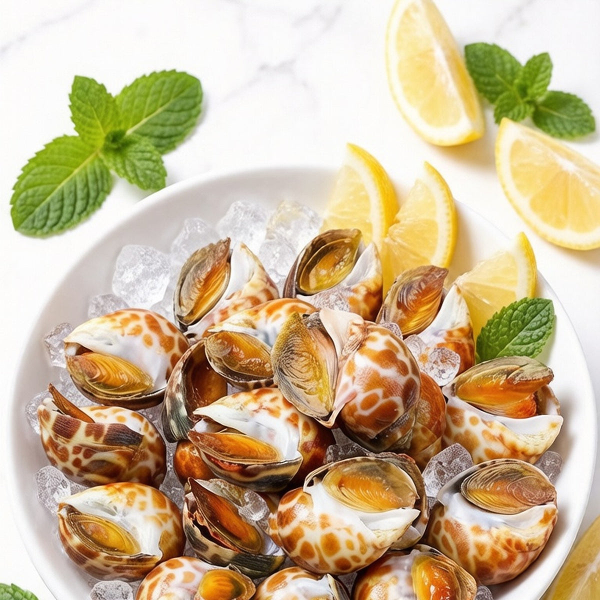 Spotted babylon snails chilled on ice with lemon and mint