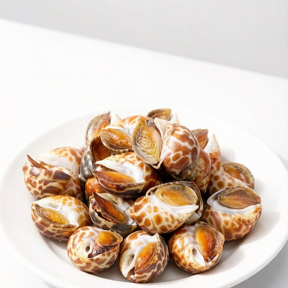 Plate of raw patterned snail shells ready to cook