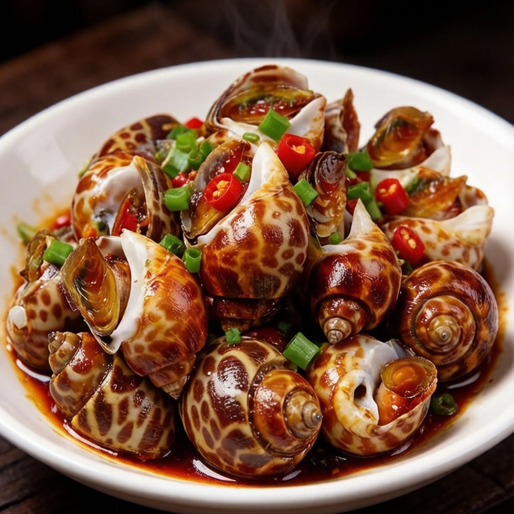Spicy stir-fried snails tossed with chilli and herbs