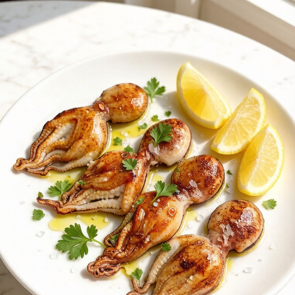 Grilled baby octopus with lemon wedges on a white plate